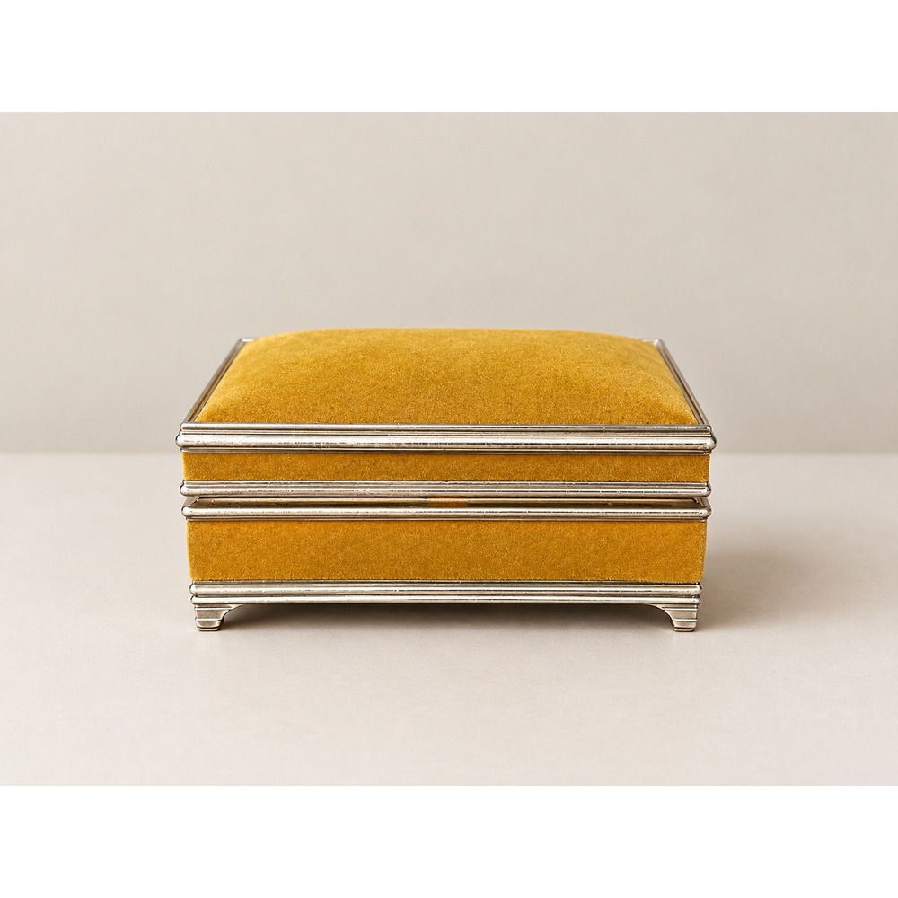 Vintage Yellow Velvet Gold Tone Footed Jewelry Box Mirror Ring Roll Taiwan ROC